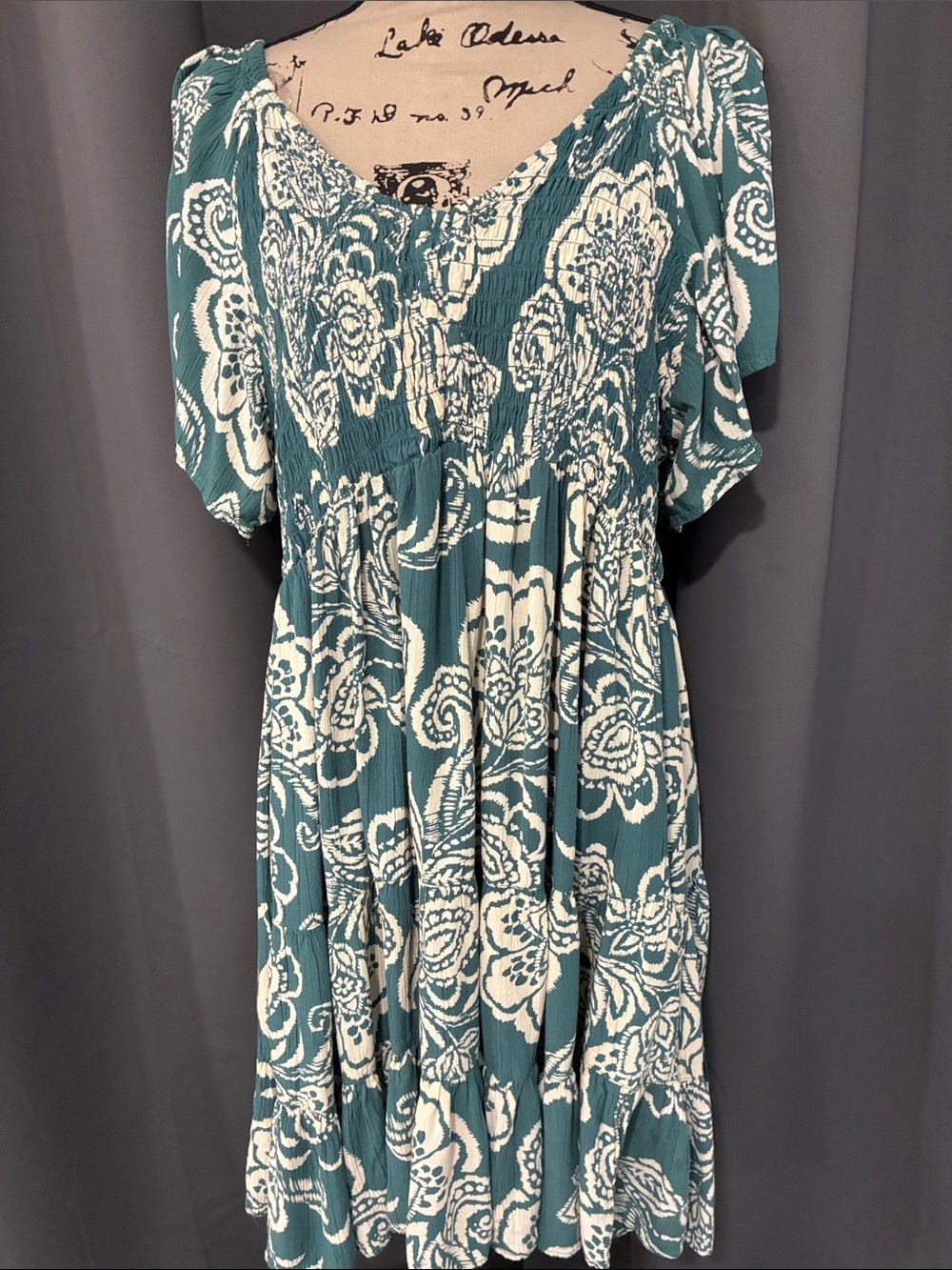 Angie Teal and White Floral Smocked Midi Dress